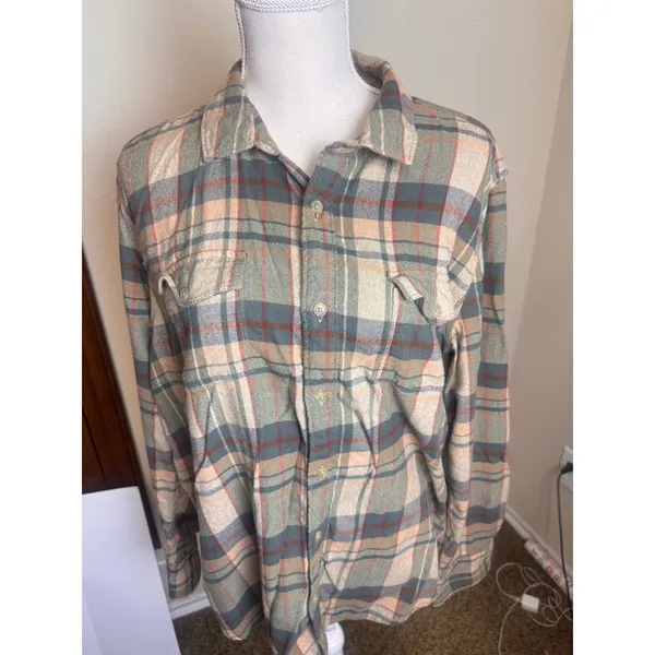 Paige Plaid Flannel Button Down Shirt Large Green Tan Cotton Blend Soft sz L - Image 2