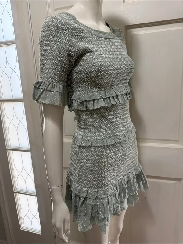 LoveShackFancy Aveline Ruffled Dress Printed Smocked Bell Sleeve Mint Sz XS A - Image 8