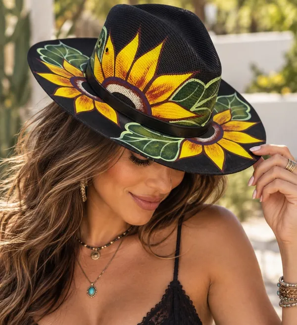 Royal Road Trading Co Hand Painted Sunflower Cowboy Hat Mexico Sombrero Size M - Image 2