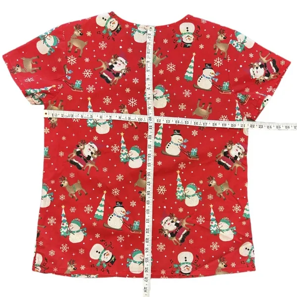 Just Love Christmas Holiday Medical Scrub Top V-Neck Pockets Red Snowman Santa M - Image 9