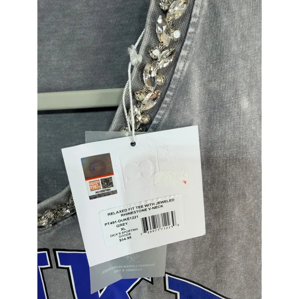 Duke Blue Devils Jeweled Rhinestone V-Neck Tee Women XL Grey Gameday Couture New - Image 4