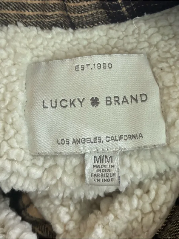 Lucky Brand Plaid Flannel Shacket Sherpa Lined Snap Front Tan Black Gray M - Image 2