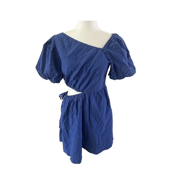 Kirundo NWT Blue Puff Sleeve Asymmetrical Neckline Cut-Out Mini Dress Size M - Image 3