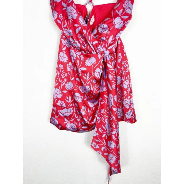 Revolve Lovers + Friends Kamala Mini Dress Medium Red Purple Floral Satin Draped - Image 9