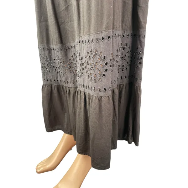Bass Women's Brown Floral Eyelet Tiered Ruffled Flowy Boho Maxi A-Line Skirt M - Image 2