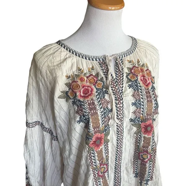 Womens Johnny Was Workshop Juliene Peasant Embroidered Floral Boho Blouse Top L - Image 3
