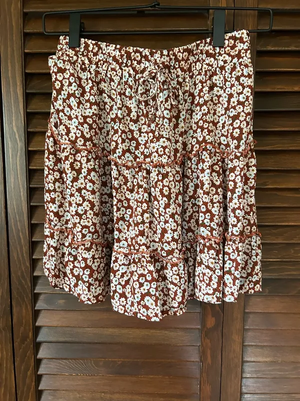 Floral Print Ruffle Tiered Mini Skirt Brown Size M - Image 4
