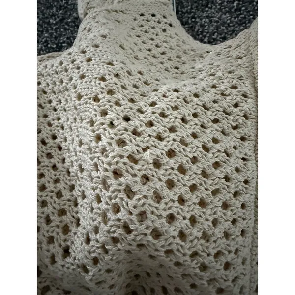 BluiVy Tank Top Womens M Beige Crochet Openwork Lace-Up Ruffle Hem - Image 4