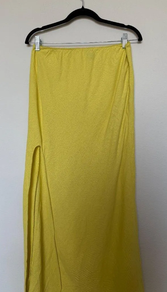 Yellow Linen Maxi Skirt High Slit - Image 2