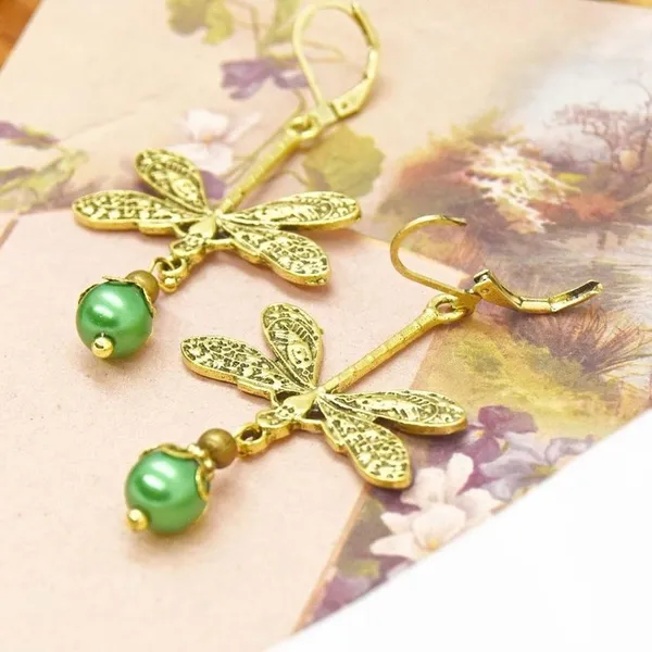 Gold Dragonfly Earrings Green - Image 3