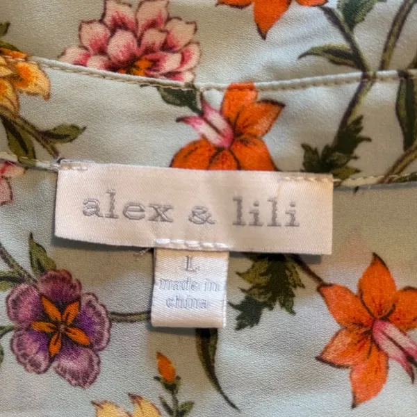 Alex & Lili Womens Large Blue Floral‎ Button Down Blouse Crochet Lace Cuff - Image 6
