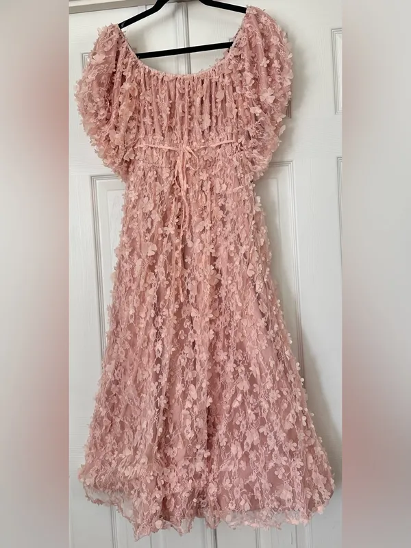 ONE LOVED BABE Wonderstruck Dress Pink 3D Floral Lace Puff Sleeve Midi Large - Image 2