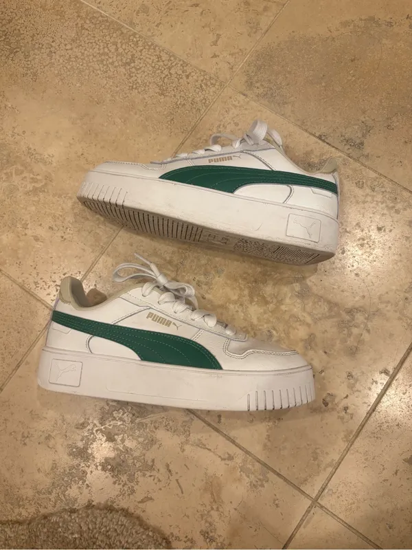 Puma Platform White Sneakers with Green Stripe and Gold Logo - Image 2