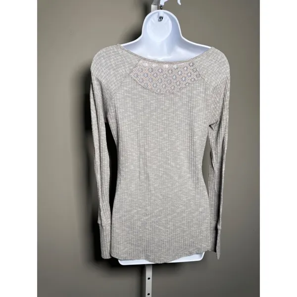 Neutral‎ Ribbed Henley Long Sleeve Top Soft Minimal Boho M Coastal - Image 4