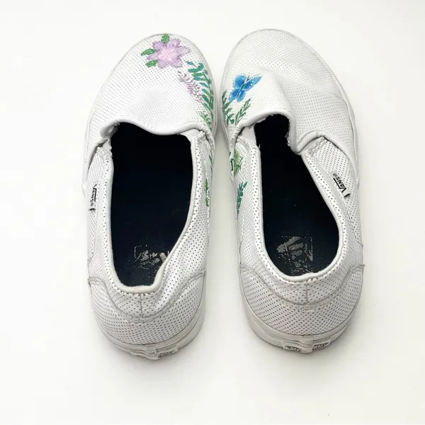 VANS White Perforated Leather Floral Custom Painted Slip On Shoes, Size 10 Boho - Image 10