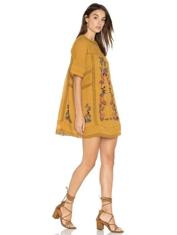 Free People Perfectly Victorian Dress S Mustard Embroidered Crochet Lace Boho - Image 2