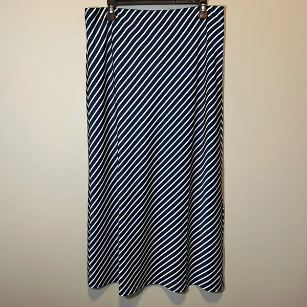 J. Crew Navy White Diagonal Stripe Satin Midi Skirt Elastic Waist Nautical Large - Image 2