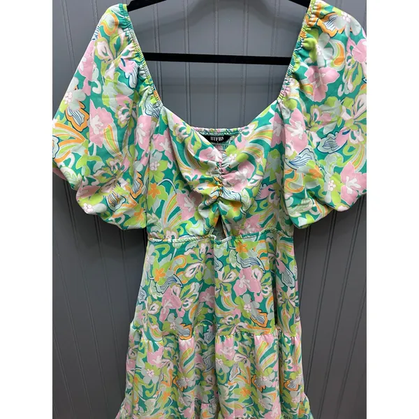 BTFBM Green Floral Puff Sleeve Cutout‎ Tiered Midi Dress Womens Large Retro Boho - Image 2