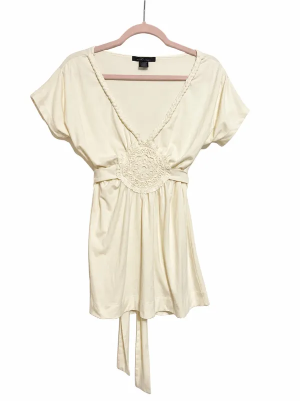 Cherie Tunic Top Medium VTG Y2K Coquette Braided V Neck Boho Crochet Medallion - Image 4