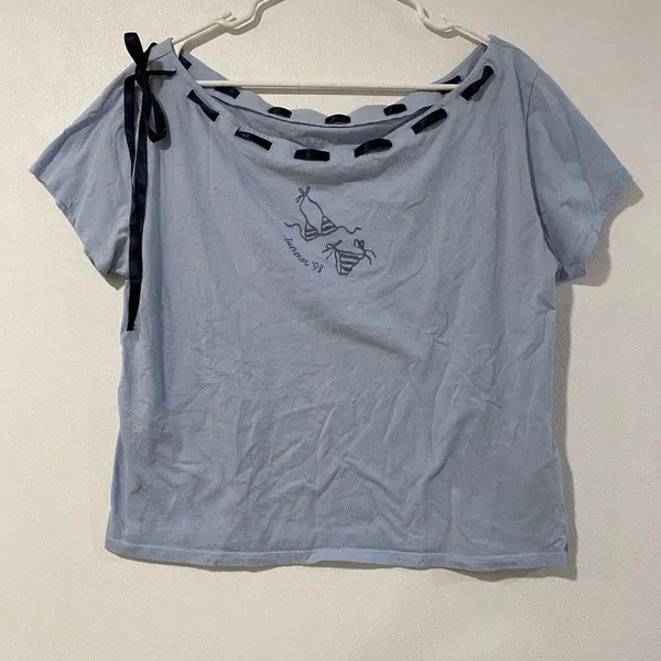 Hollister Size L Blue Ribbon Lace Up Baby Tee Summer 98 Y2K Coquette - Image 2