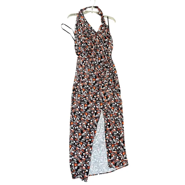Free People Daria Orange Black Ivory Halter Jersey Stretch Dress S Reg $128 - Image 3