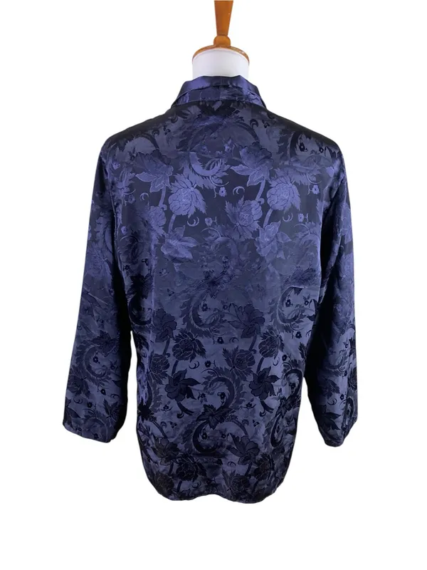 Victoria’s Secret Vintage S Navy Satin Jacquard Floral Pajama Top Button Front - Image 3