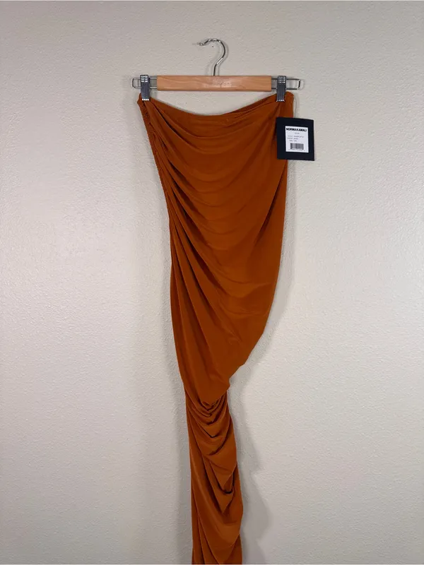 Norma Kamali Diana One Shoulder Ruched Gown Bronze Womens S Bodycon Midi Baddie - Image 10