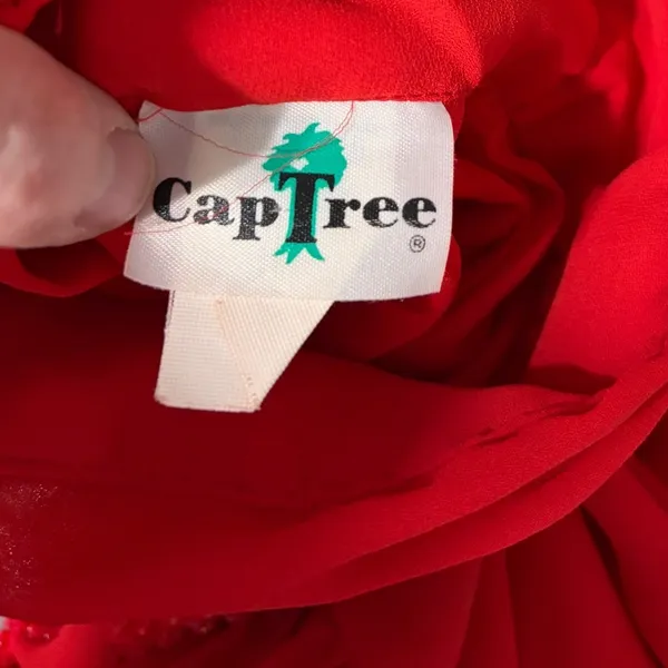 Capree Blouse Vintage 80s Red Beaded Mock Neck‎ Chiffon Button Back 16 Retro - Image 3