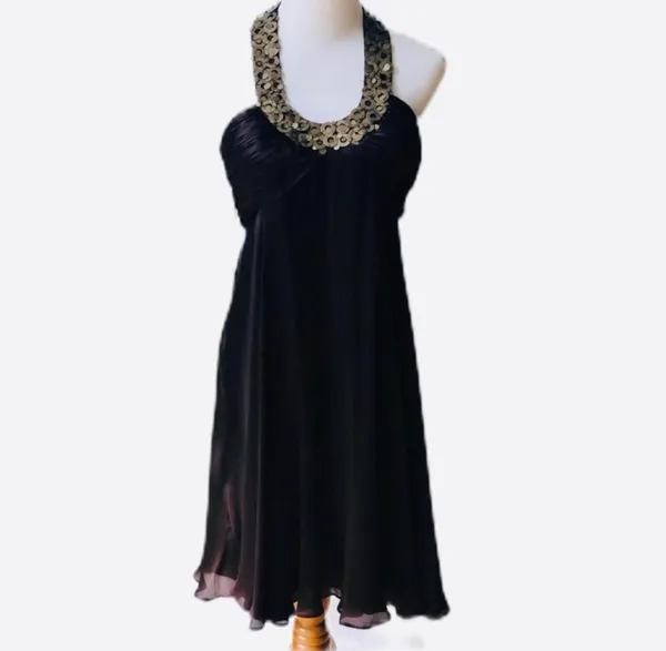 Anne Klein Brown Silk Gold Ring Necklace Halter Dress 10 Marilyn Monroe Flare - Image 3