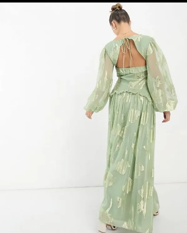 ASOS Foil Floral Long Sleeve Maxi Dress Design Green Mint 0 - Image 4
