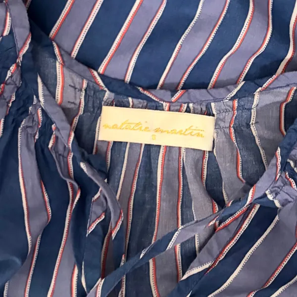 NATALIE MARTIN Amelia Top Batik Stripe Navy Cotton Tassel Tie Blouse Top Small - Image 12