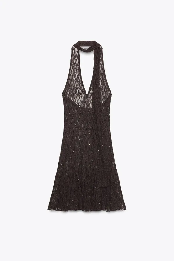 Zara Brown Lace Ruffled Crochet Halter Bohemian Summer Dress - Image 7