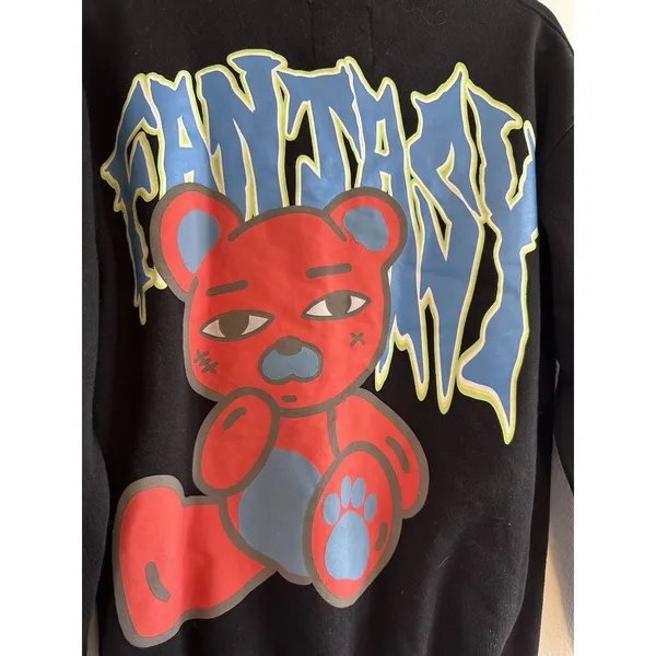 Unisex Bershka Sweatshirt Graphic Print‎ Teddy Bear XS Spell Out Fantasy Black - Image 3