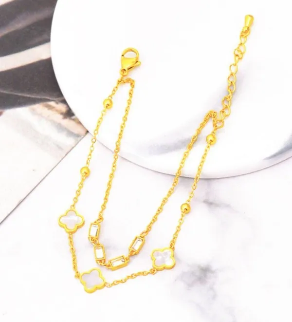 White Clovers CZ Beads Gold Layered Bracelet - Image 2