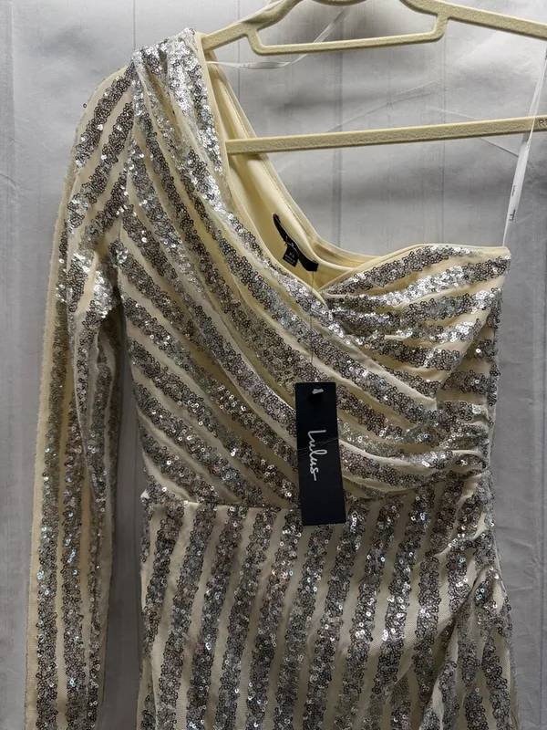 Lulus NWT Silver Sequin Elegant Occasion One-Shoulder Tulip Hem Midi Dress XSS - Image 7
