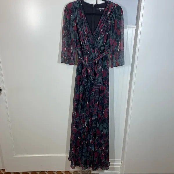 Badgley Mischka Pleated Floral Gown Size‎ 4 Gray Black Burgundy formal wedding - Image 2