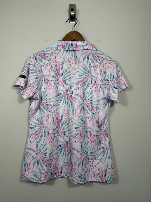 Yatta Golf Women’s M Pink Teal Tropical Palm Print Polo Shirt 19/24 Logo - Image 2