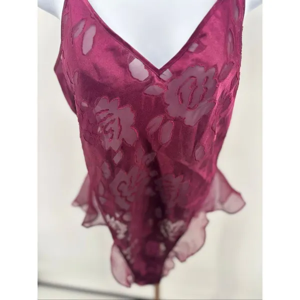 Vintage Victorias Secret Satin Teddy Lingerie Gold Label Maroon Floral Size M - Image 7
