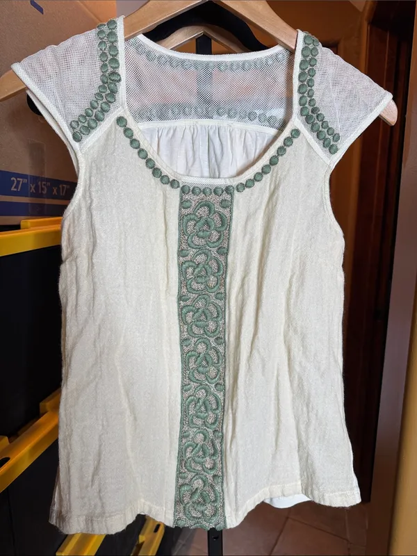 Anthropologie Deletta Ivory Sage Embroidered Cotton Wool Blend Blouse Small - Image 3