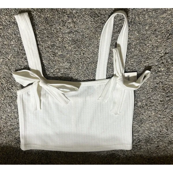 Anthropologie Ribbed Bow Knit Tank Top White Cropped Sz XS NEW Boho Beach Staple - Image 2