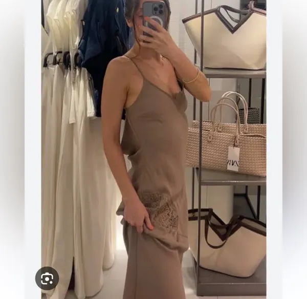 Zara Tan Lace Strappy Embroidered Midi Slip Dress - Image 2