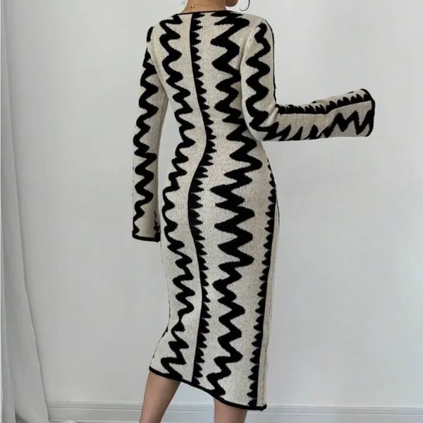 SHEIN Black & Cream Bodycon Knit Midi Dress M - Image 2