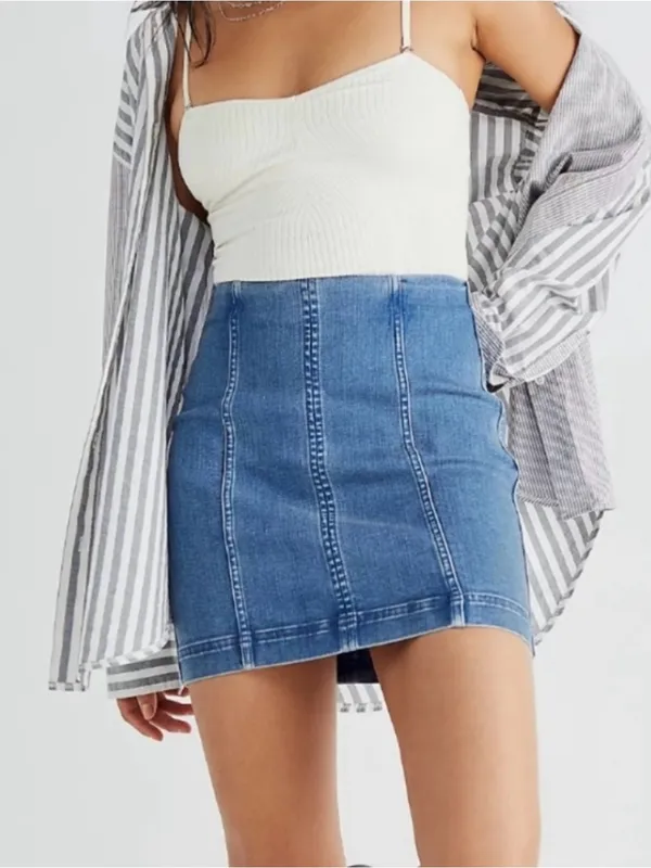 Free People Modern Fem Westminster Blue Denim Mini Skirt Coastal Cowgirl Classic - Image 7