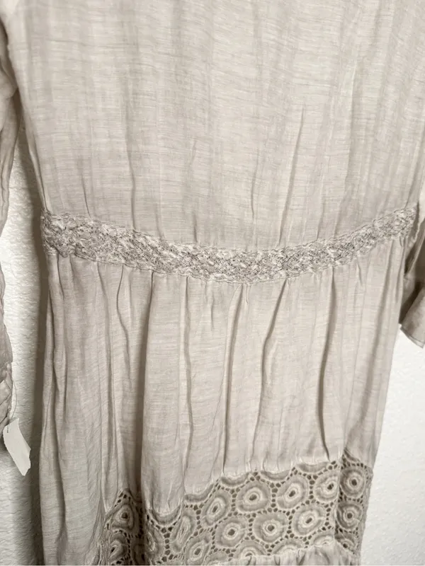 Saga Boho Tunic Dress Light Taupe Crochet Lace Handkerchief Hem Size M - Image 6