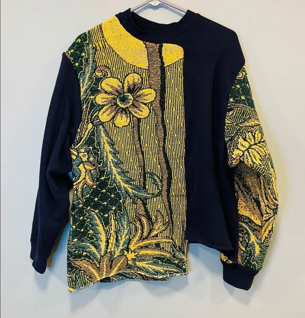 Tapestry blanket sweater Custom reworked floral navy tapestry sweater size large - Image 2