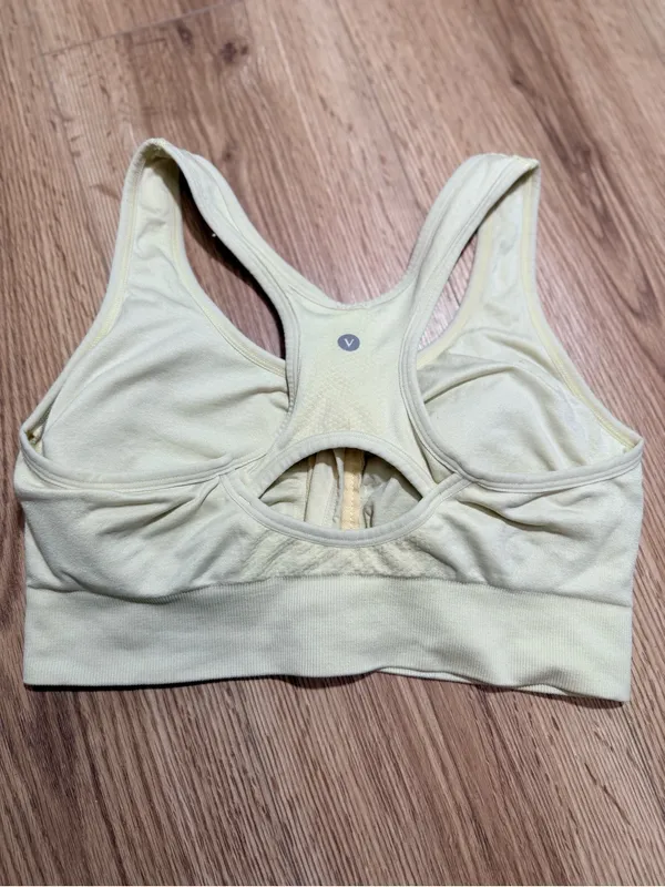 Womens Zip Front Sports Bra S Cream Racerback Padded Yoga‎ Gym Workout Top - Image 2