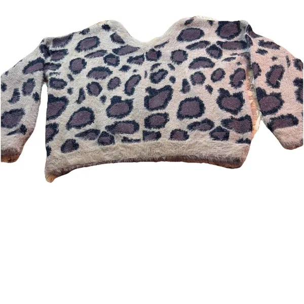L Love Leopard Print Fuzzy Eyelash Knit Sweater Boho Festival Cozy top size L - Image 15