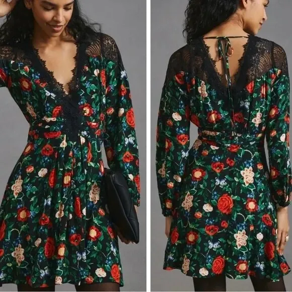 Anthropologie Black Floral Lace Trim V-Neck Long Sleeve Mini Dress 8 Whimsygoth - Image 2