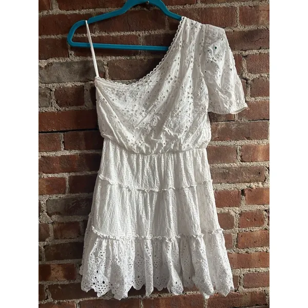 HEMANT AND NANDITA White Eyelet One Shoulder Tiered Dress Size 4 Anthropologie - Image 6
