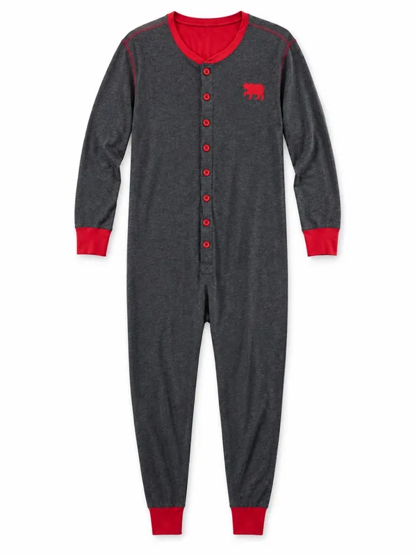Little Blue House Bear Naked Adult XL Union Suit Pajamas One Piece Gray Red - Image 4